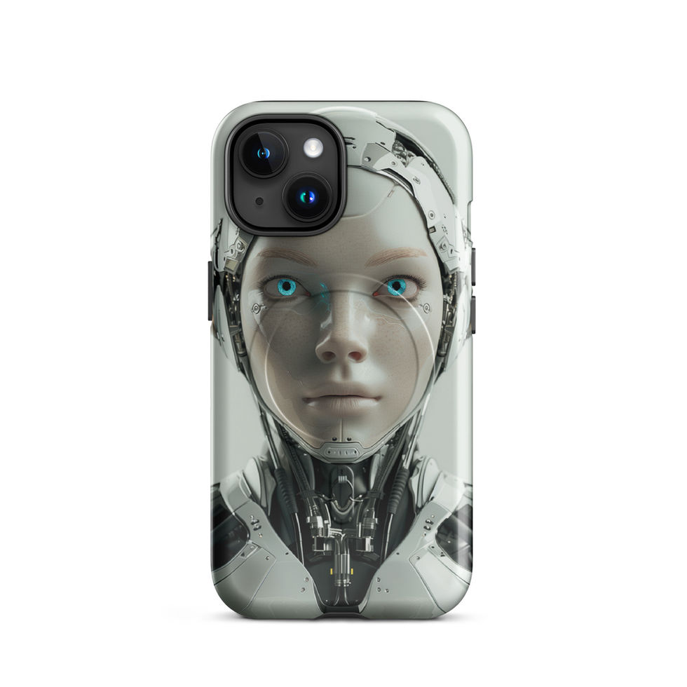 Synth Horizon porcelain android with icy blue eyes; front product view on an iPhone® MagSafe Tough Case.
