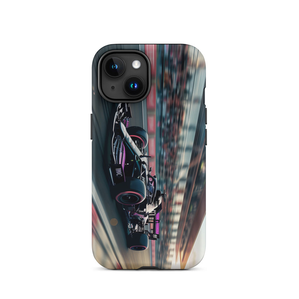 Black n Purple Power Tough case for iPhone 15, black and purple race car artwork, rear view on white
