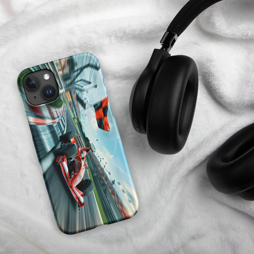 Apex Speed Snap case for iPhone 15 Plus, red race car and trackside flags, headphones on pale fabric