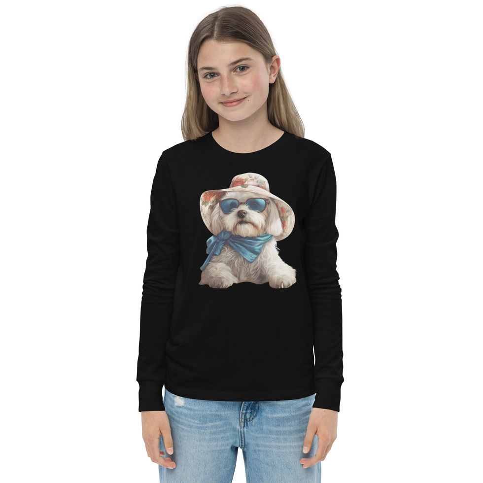Stylish Maltese: black youth long-sleeve T-shirt with a puppy in a hat and sunglasses, worn by child