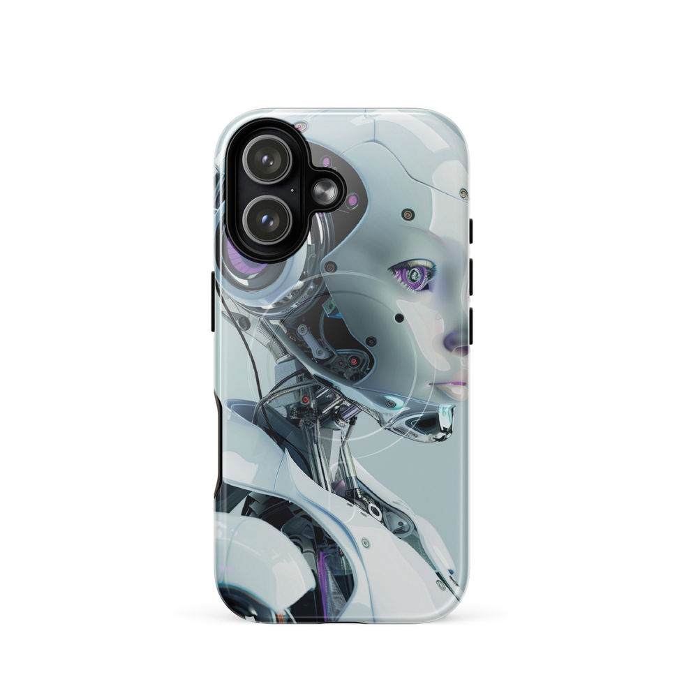 Synth Aurora robot-inspired MagSafe case with a violet eye and refined sci-fi armour