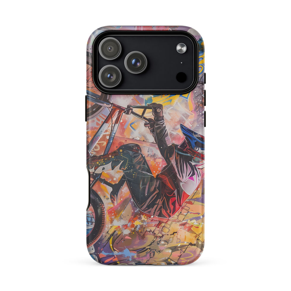 Graffiti Grind MagSafe Tough case for iPhone 17 Pro Max, BMX rider amid pink and yellow graffiti, rear view on white