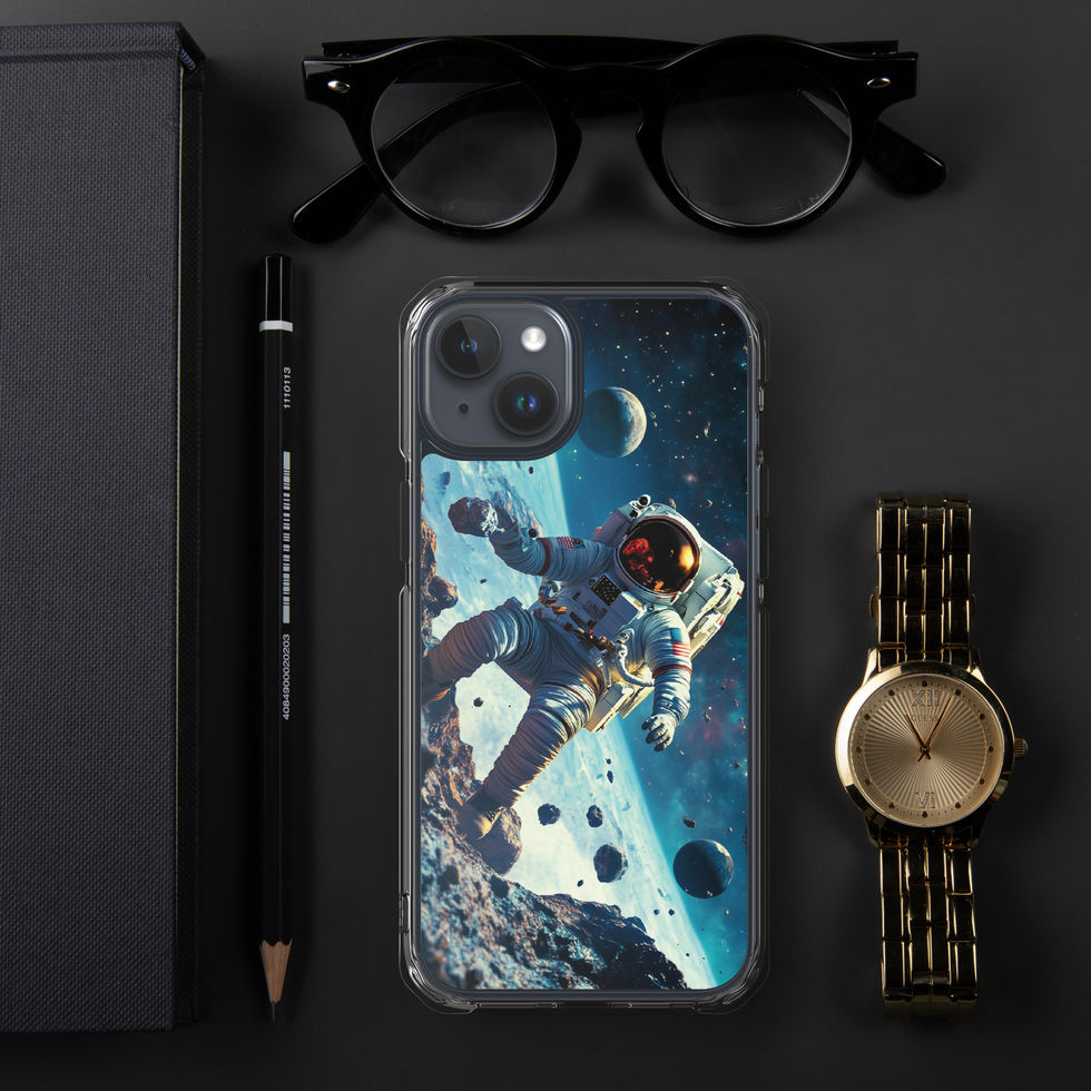 Asteroid Drift clear iPhone case on a black desk beside glasses and a watch, showing astronaut drifting through the scene