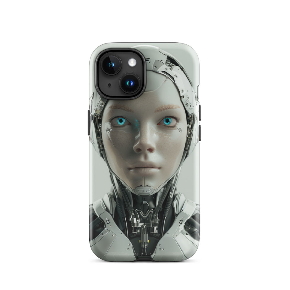 Calm humanoid android with dark neck engineering; close-up detail on an iPhone® Tough Case.