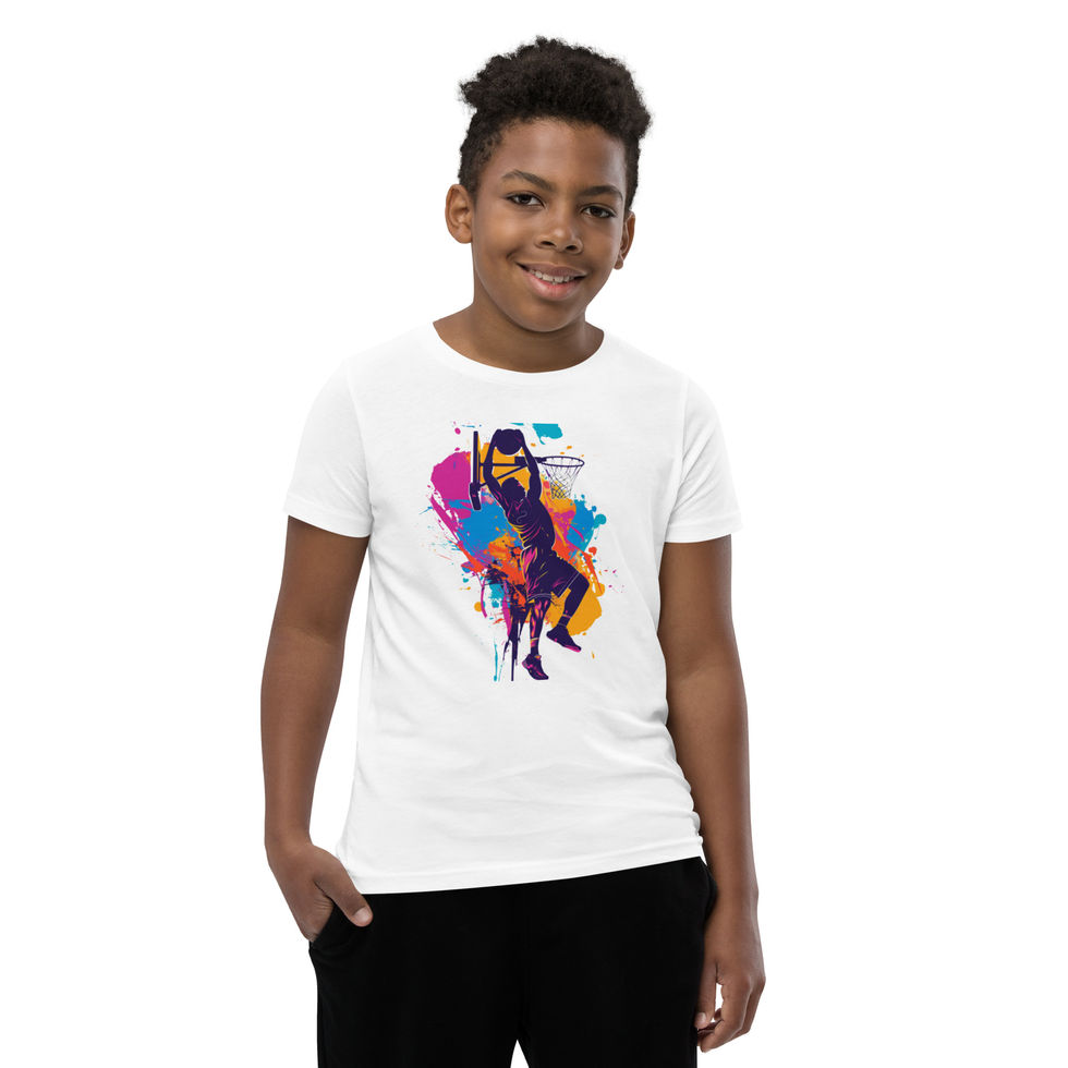 Painted Slam Dunk: white youth short-sleeve T-shirt with a basketball dunk and paint splashes, on child