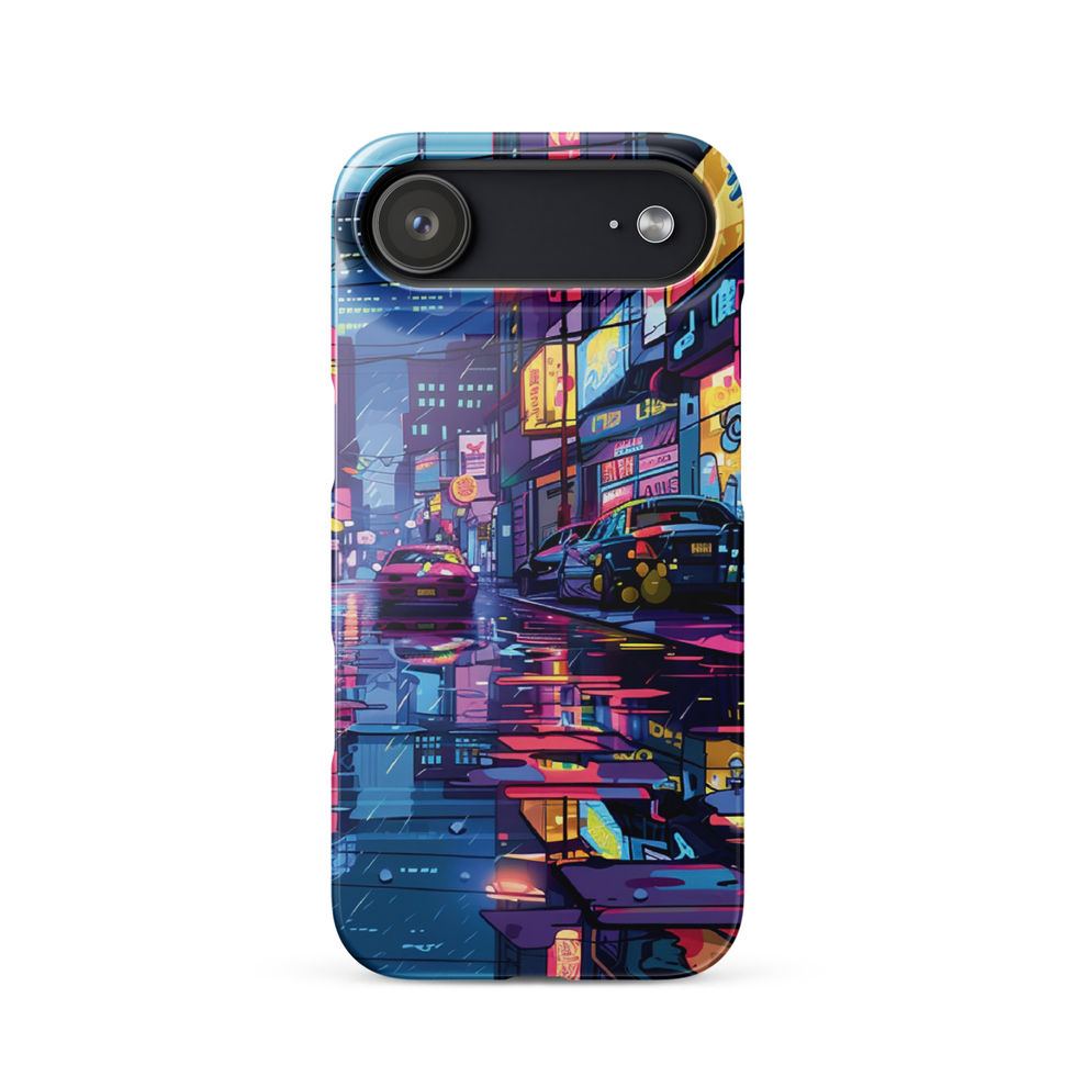 Electric Boulevard iPhone snap case, back showing a bright urban streetscape in pink, blue and yellow.