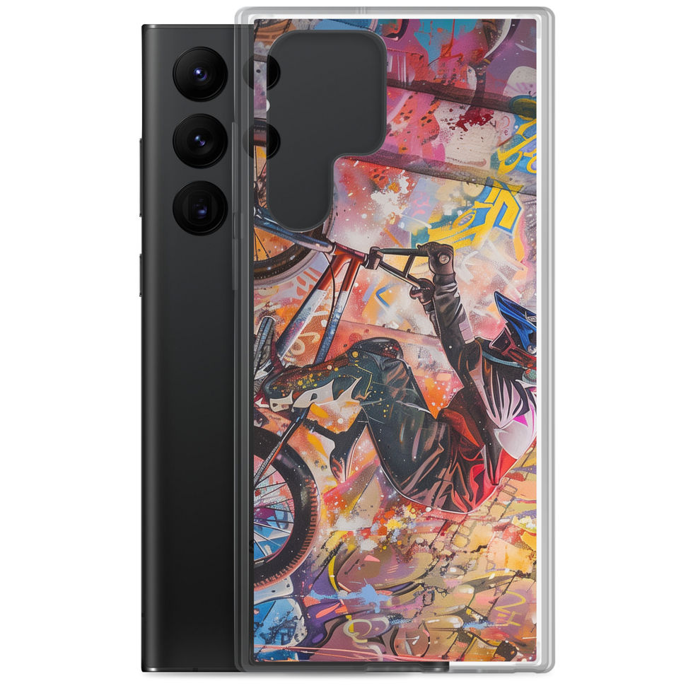 Graffiti Grind Clear case for Galaxy S22 Ultra, BMX rider amid pink and yellow graffiti, phone beside case on white