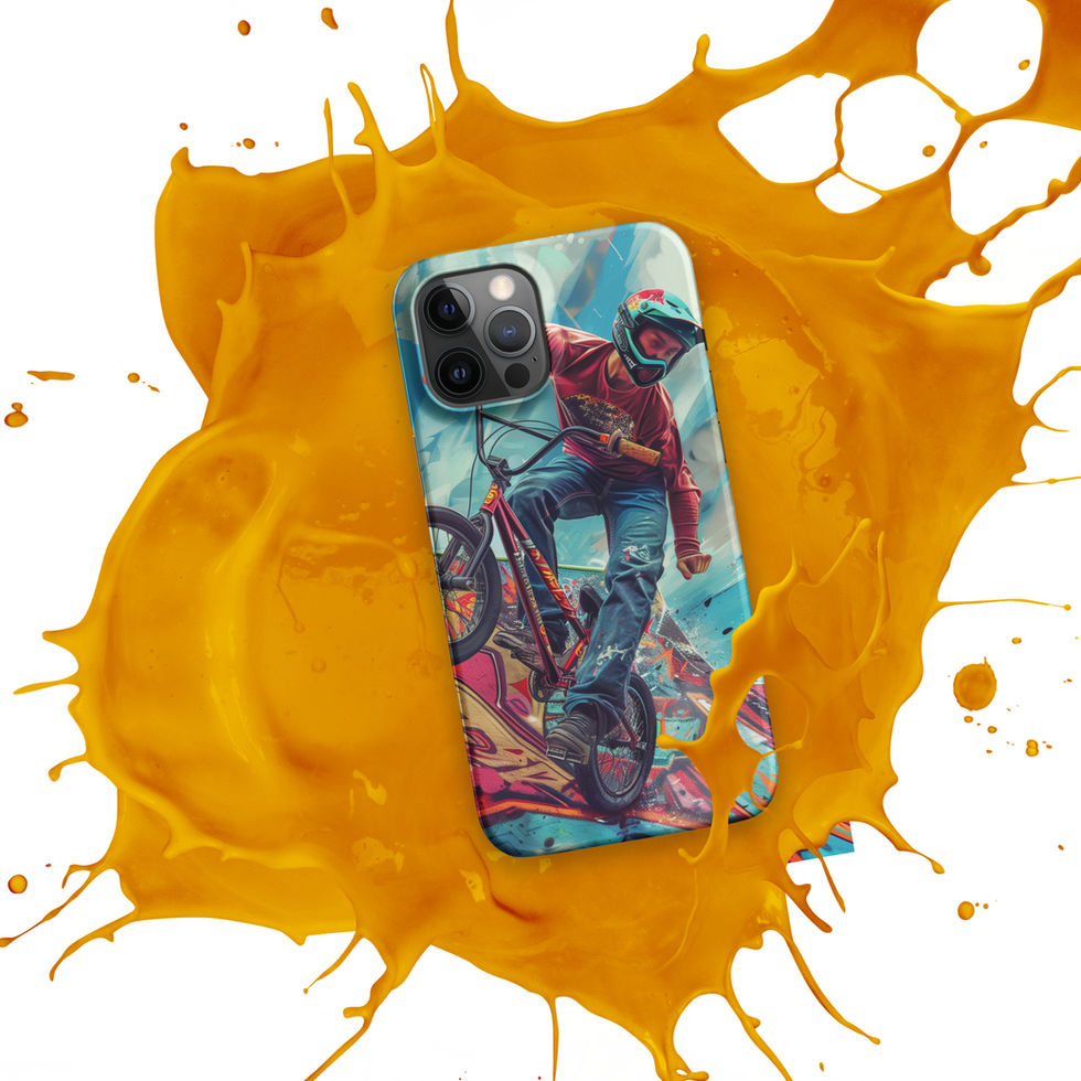 Ramp Rebel Snap case for iPhone 12 Pro Max, red-jacketed BMX rider and graffiti, orange paint splash