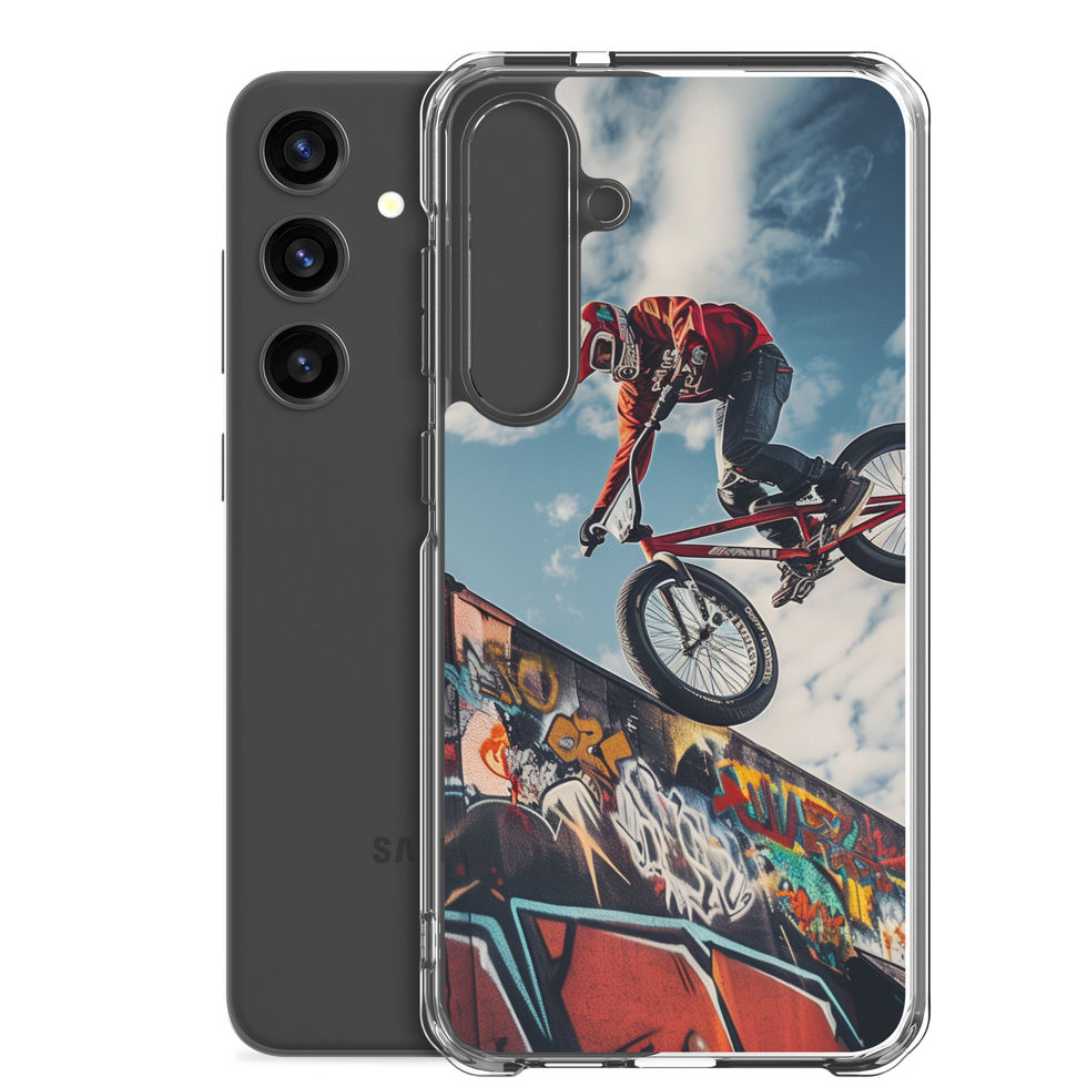 Graffiti Air Clear case for Galaxy S24 Plus, BMX rider above graffiti ramp, with phone beside case on white