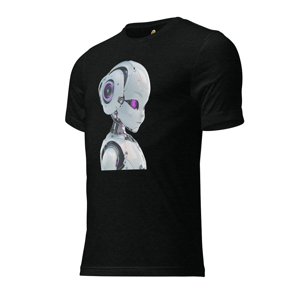 Cyber Blossom: solid black triblend T-shirt with a white robot profile with purple ear panels, angled left