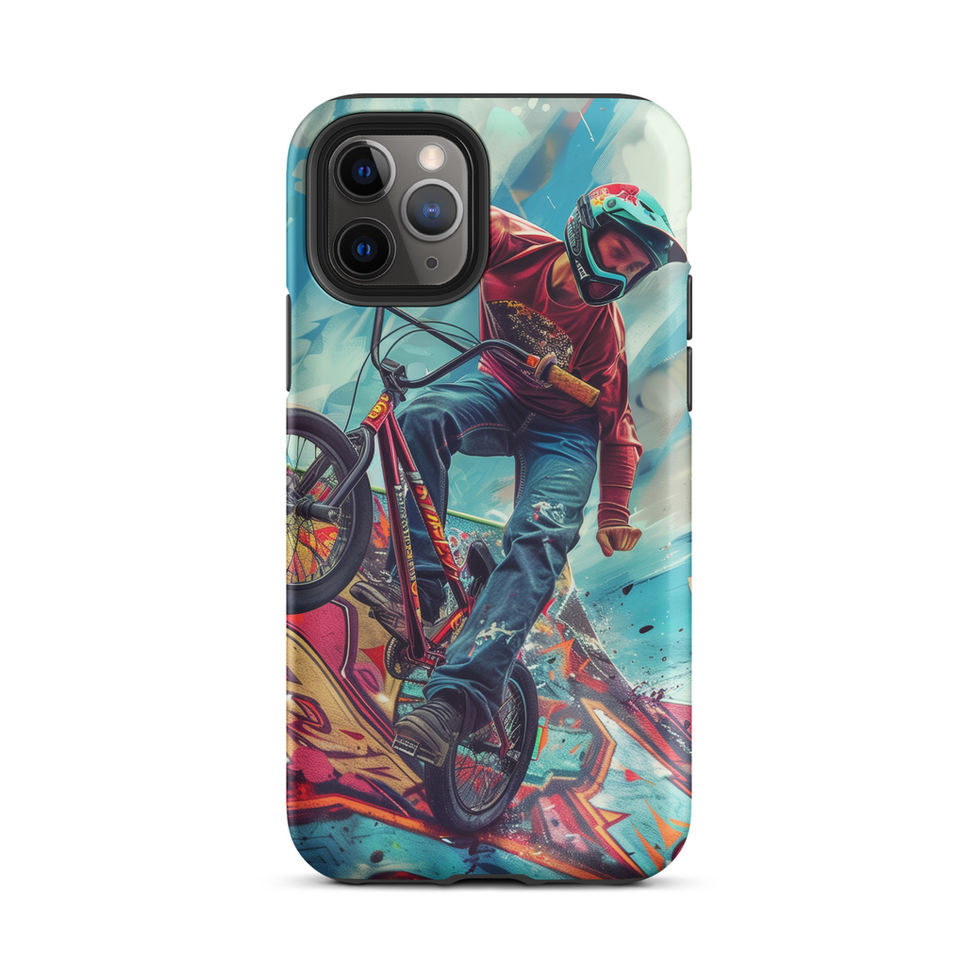 Ramp Rebel Tough case for iPhone 11 Pro, red-jacketed BMX rider and graffiti, rear view on white background