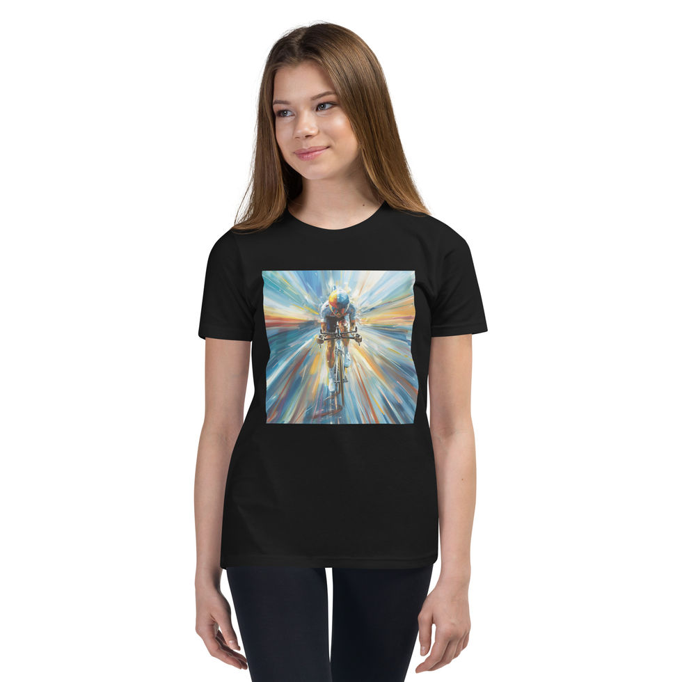 Momentum Rush: black youth short-sleeve T-shirt with cyclist and blue-gold speed streaks, worn by model
