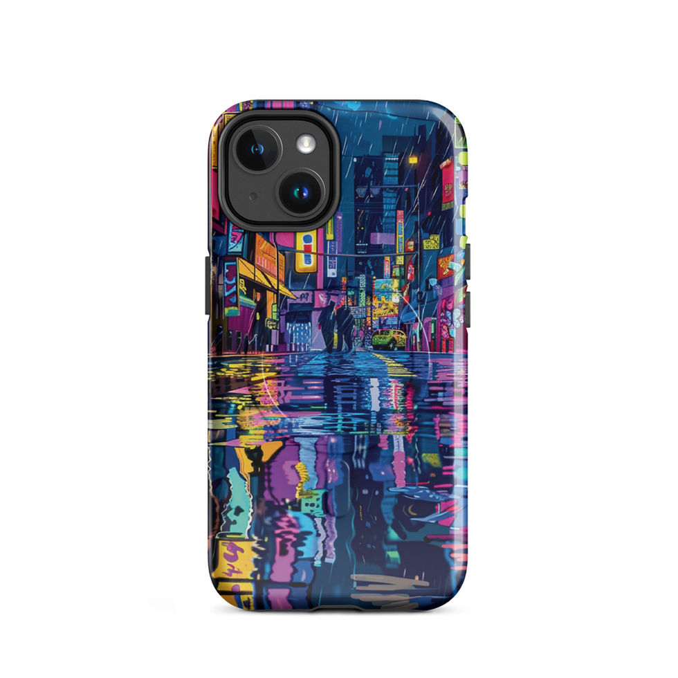 Neon Rain MagSafe tough iPhone case with colourful neon signs reflected across a wet city road.