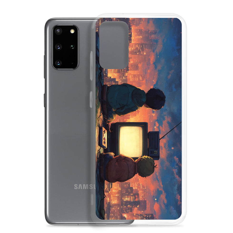 Skyline Save Point neon city gaming artwork on Samsung Galaxy S20 clear phone case, rear design view