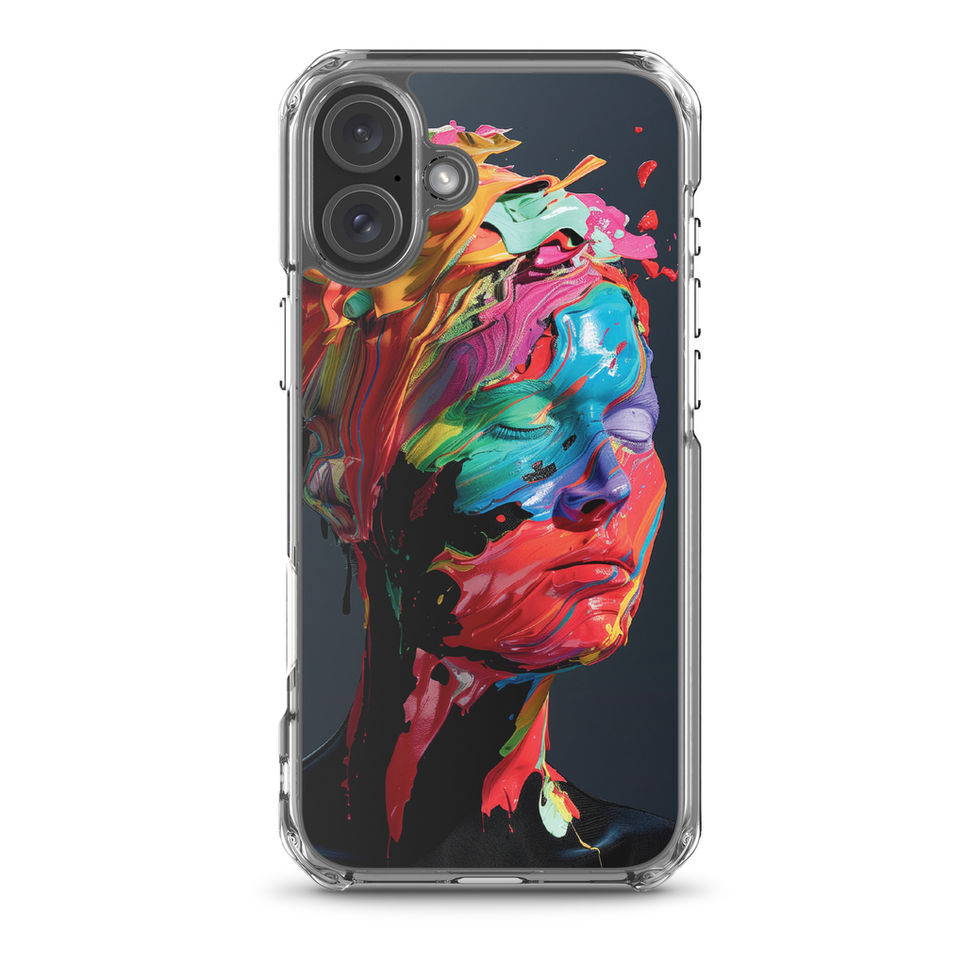 Melting Visions clear iPhone case with surreal colourful portrait artwork, floating mockup view, image 40