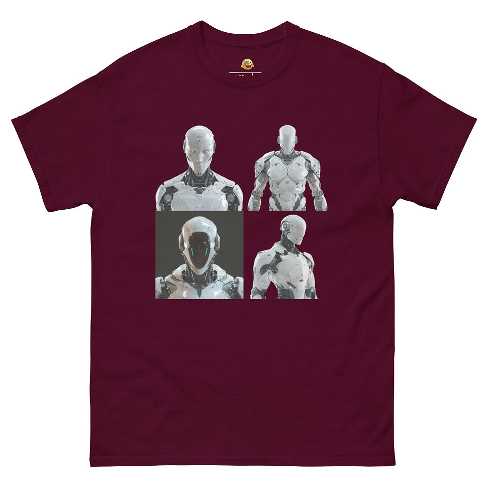 Titanic Precision: maroon unisex classic T-shirt with four silver armoured robot portraits