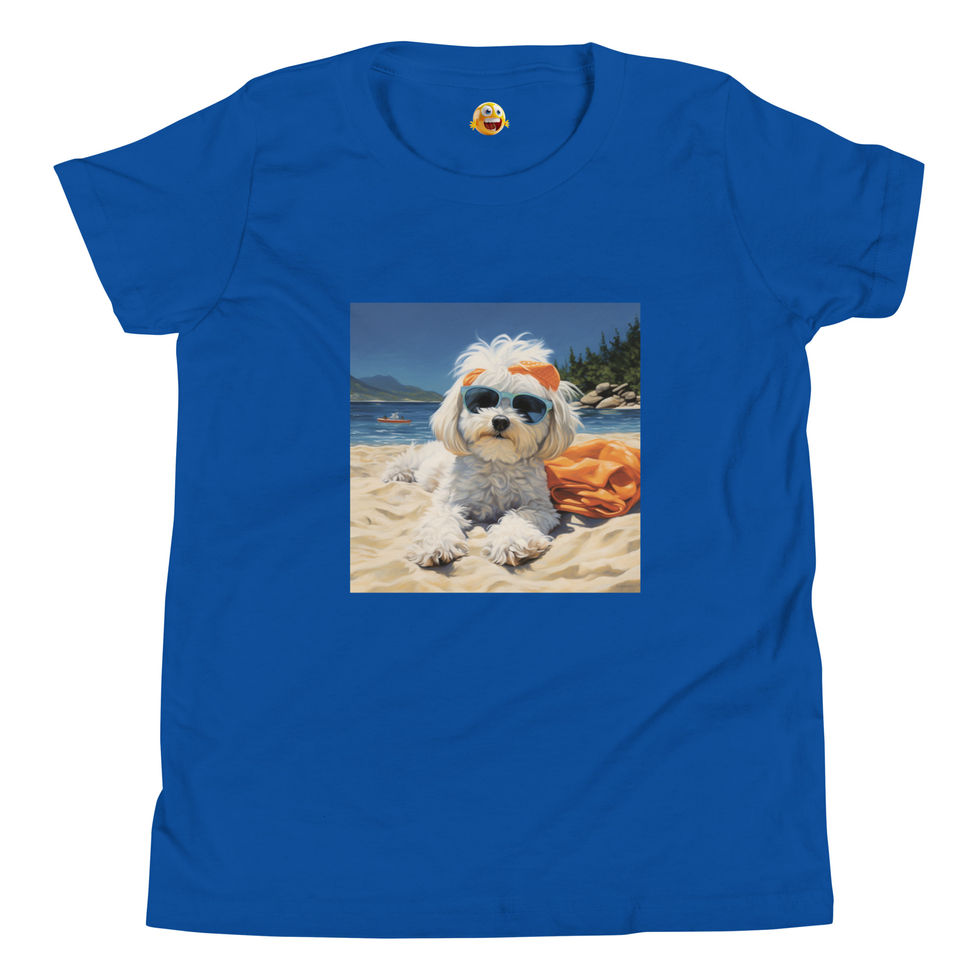 Sandy Sunshine: royal blue youth short-sleeve T-shirt with a puppy wearing sunglasses on a beach