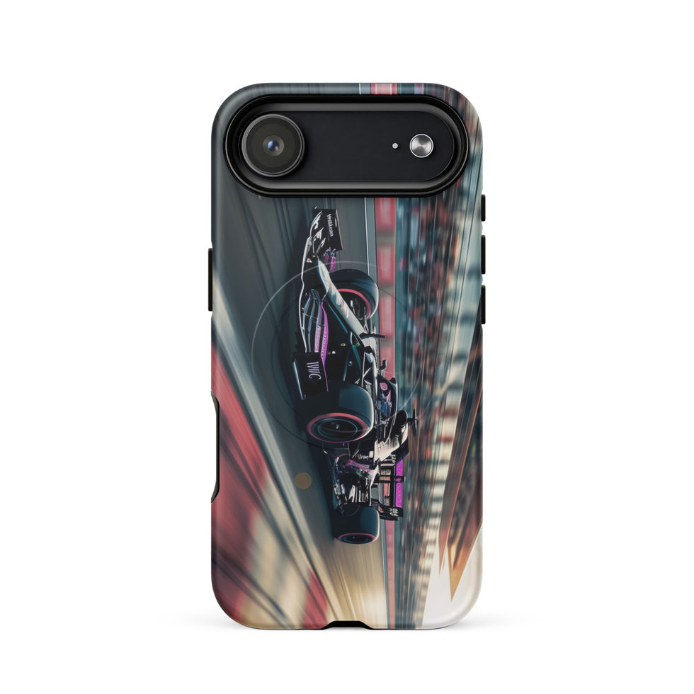 Black n Purple Power MagSafe Tough case for iPhone 17 Air, black and purple race car artwork, rear view on white