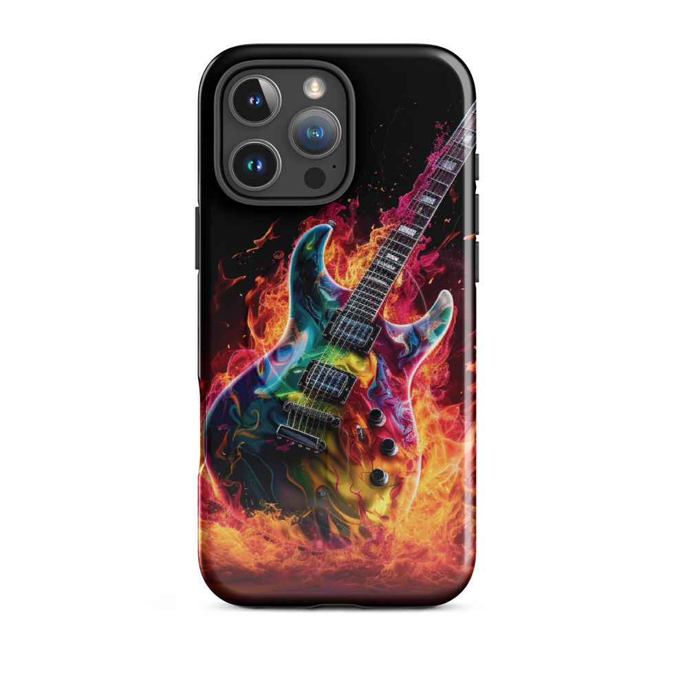 Blazing Riffs MagSafe Tough Case for iPhone on a red-toned desktop, featuring the fiery electric guitar artwork, image 13.