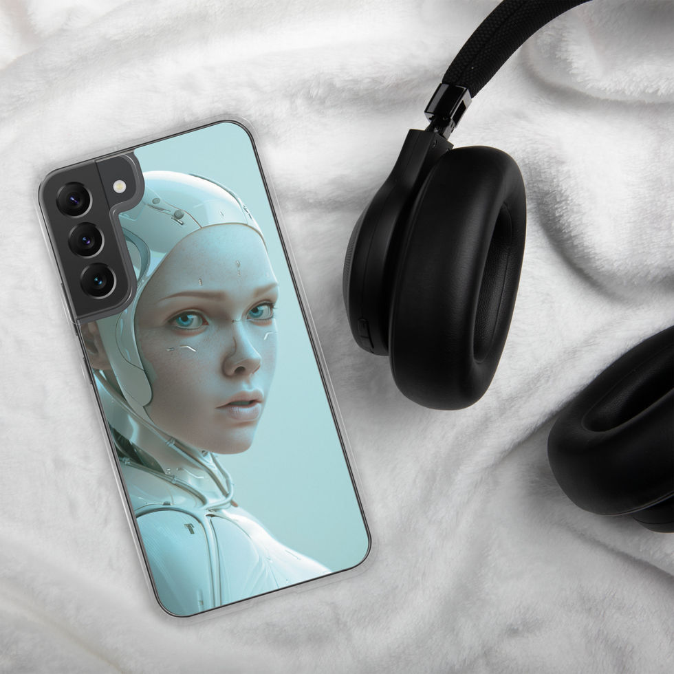 Ivory Ascension cyborg with curved white neck panels; close-up detail on a Samsung® Clear Case.
