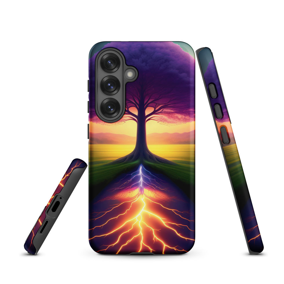 Ethereal Roots tough Samsung case with violet crown and bright lower glow.