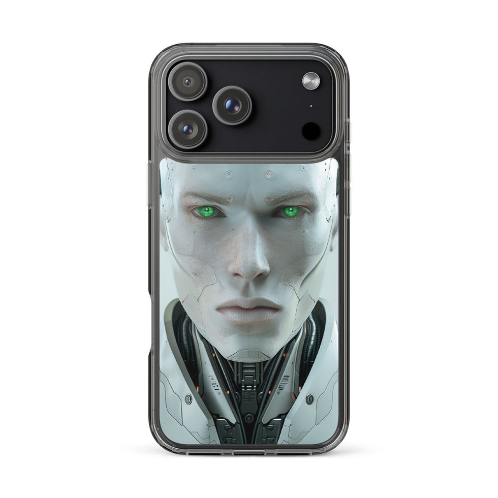 symmetrical science-fiction robot on iPhone clear protective case, protective edge detail
