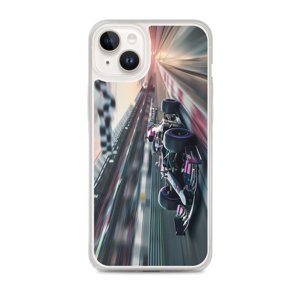Midnight Velocity Clear case for iPhone 14 Plus, race car and night lights, phone and case on white