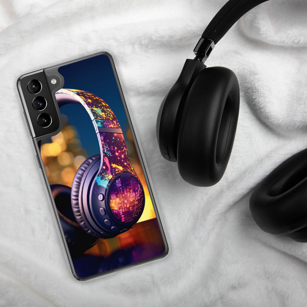 Electric Pulse clear Samsung case showing colourful over-ear headphones on a dark warm-lit scene, gallery image 12 of 50