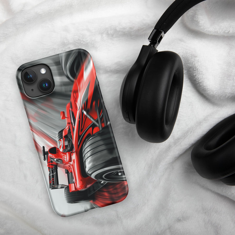 Victory Rush Snap case for iPhone 15 Plus, red race car and grey streaks, headphones on pale fabric