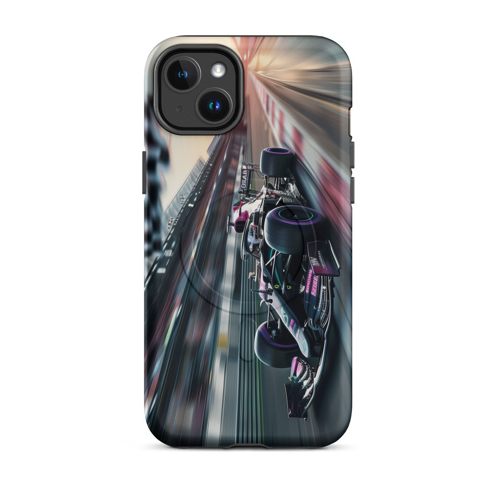 Midnight Velocity MagSafe Tough case for iPhone 14 Plus, race car and night lights, rear view on white
