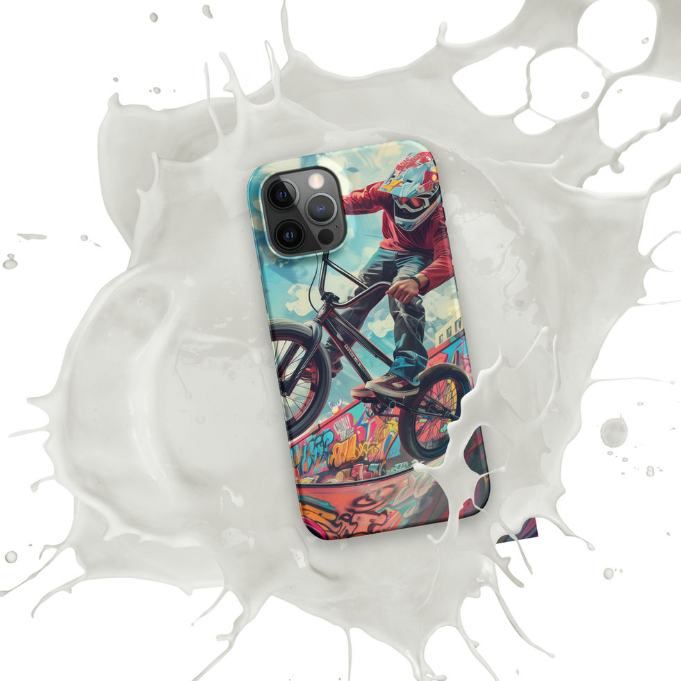 Urban Thrill Snap case for iPhone 12 Pro Max, BMX rider above graffiti ramp, white paint splash background