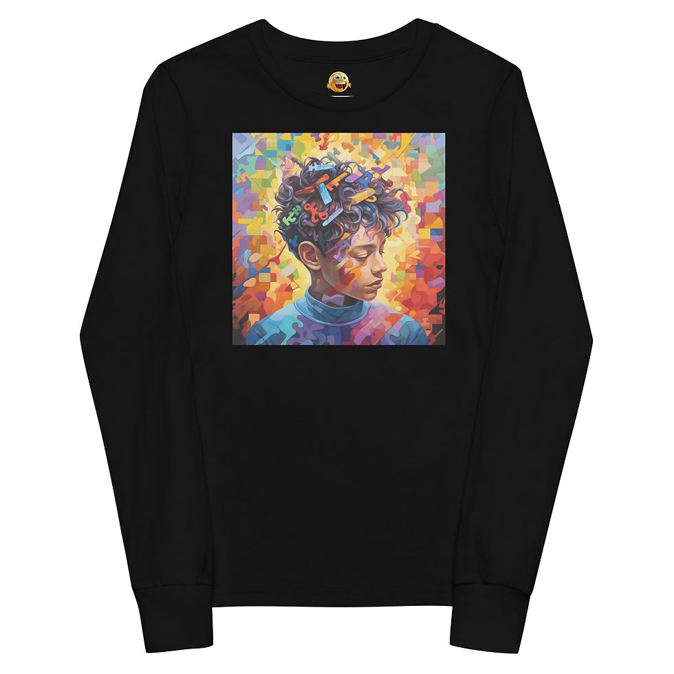 Unlock Child Creativity: black youth long-sleeve T-shirt with young face with colourful puzzle shapes