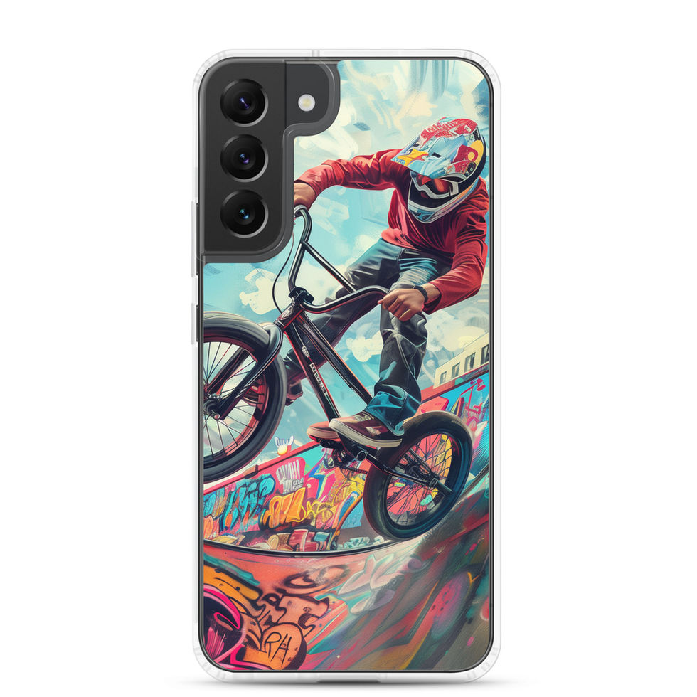 Urban Thrill Clear case for Galaxy S22 Plus, BMX rider above graffiti ramp, rear view on white background