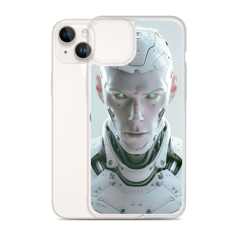 Cybernetic Vanguard android with green illuminated gaze; angled case mockup on an iPhone® Clear Case.