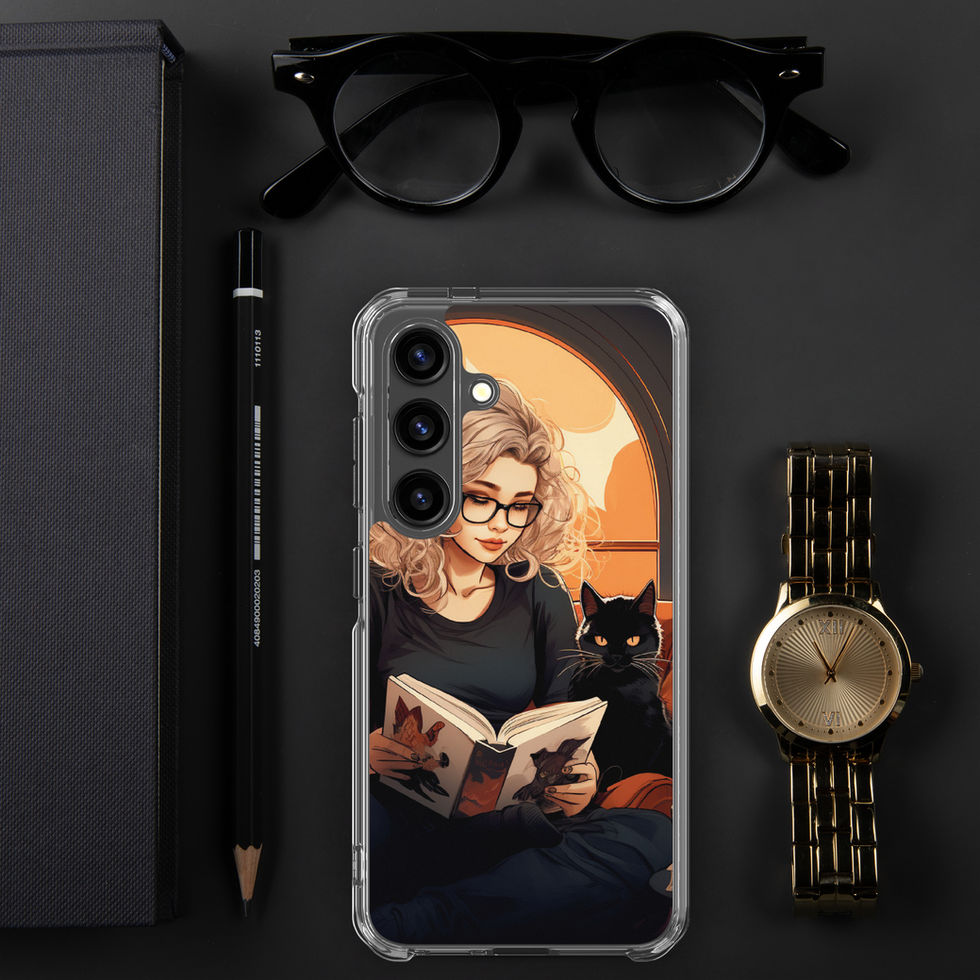 Printed back of Literary Haven Samsung clear case showing reading companion cat