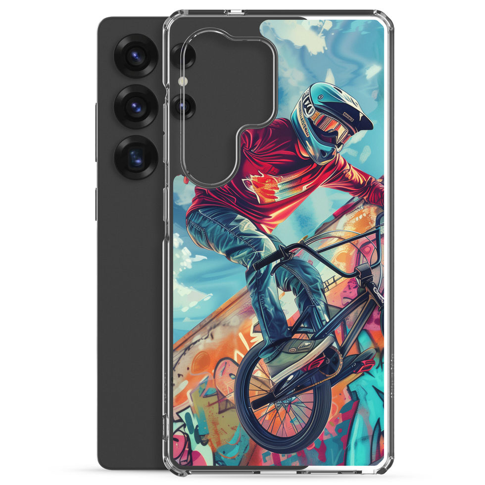 Graffiti Ride Clear case for Galaxy S25 Ultra, red-top BMX rider and vivid graffiti, phone beside case on white