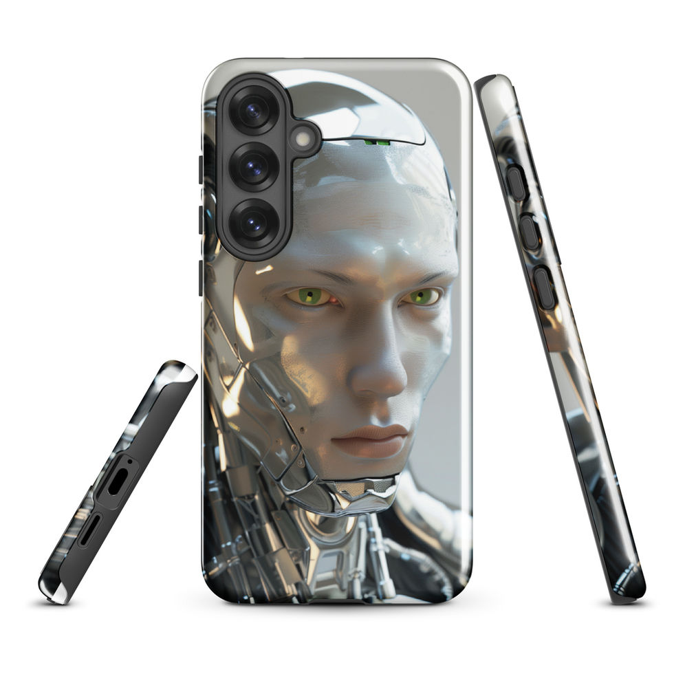 Neural Titan tough Samsung case with calm commanding android expression beside the Samsung camera opening