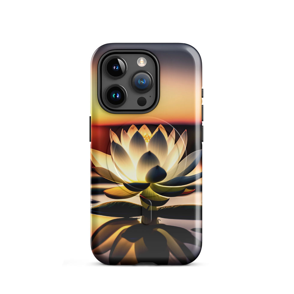 Sunlit Lotus iPhone MagSafe case, rear view; orange sky fading into dark blue.