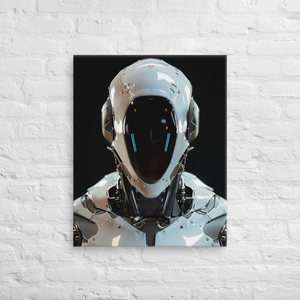 Cyber Sentinel canvas: white chest plates with dark seams beneath an open collar