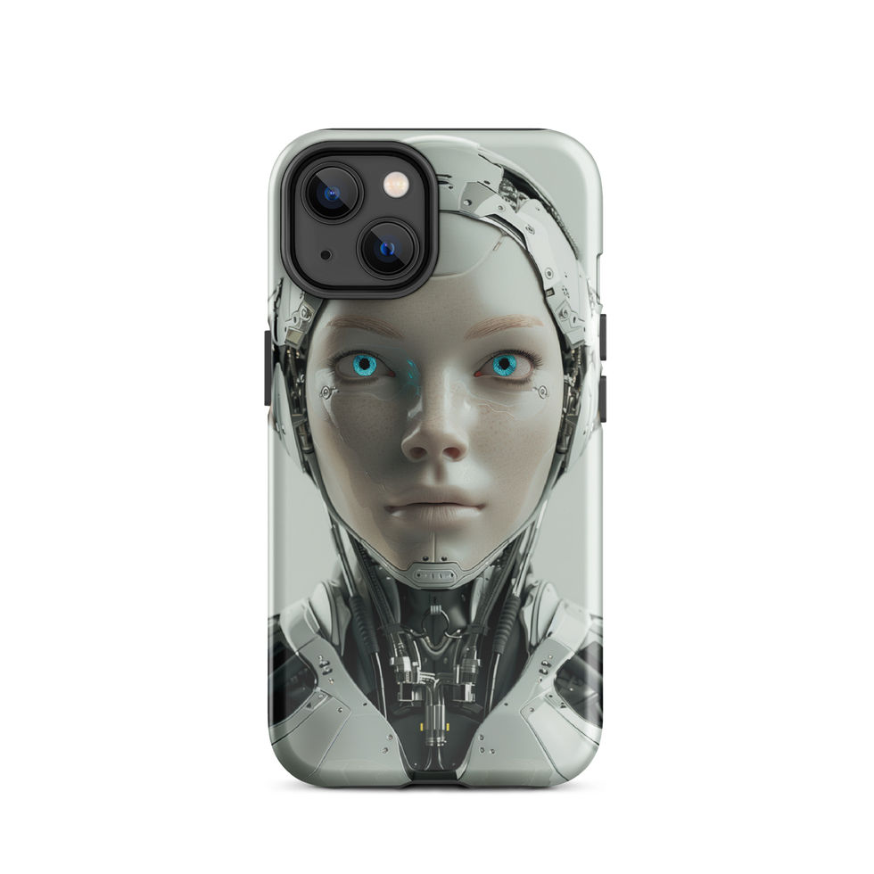 Pale-metal female android with graphite neck mechanics; close-up detail on an iPhone® Tough Case.