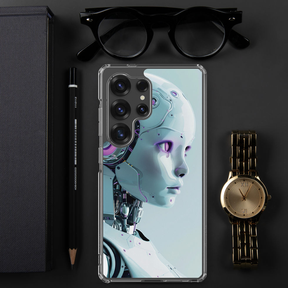 Polished humanoid face and exposed circuitry on a Samsung phone case
