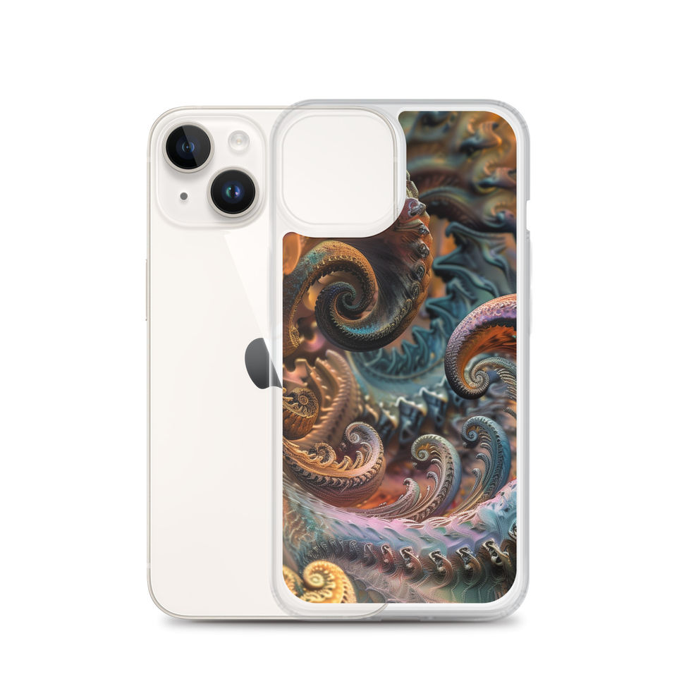 "Ethereal Abyss" clear iPhone case showing ornate underwater pattern on the printed phone back