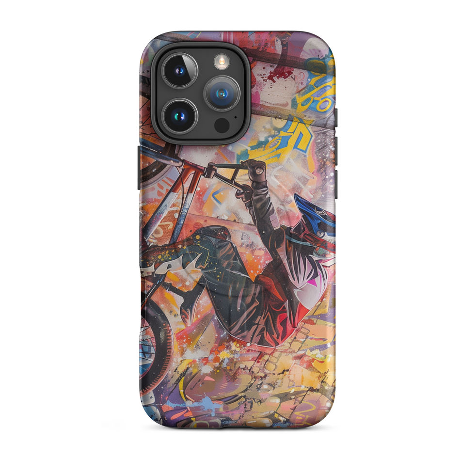 Graffiti Grind MagSafe Tough case for iPhone 16 Pro Max, BMX rider amid pink and yellow graffiti, rear view on white