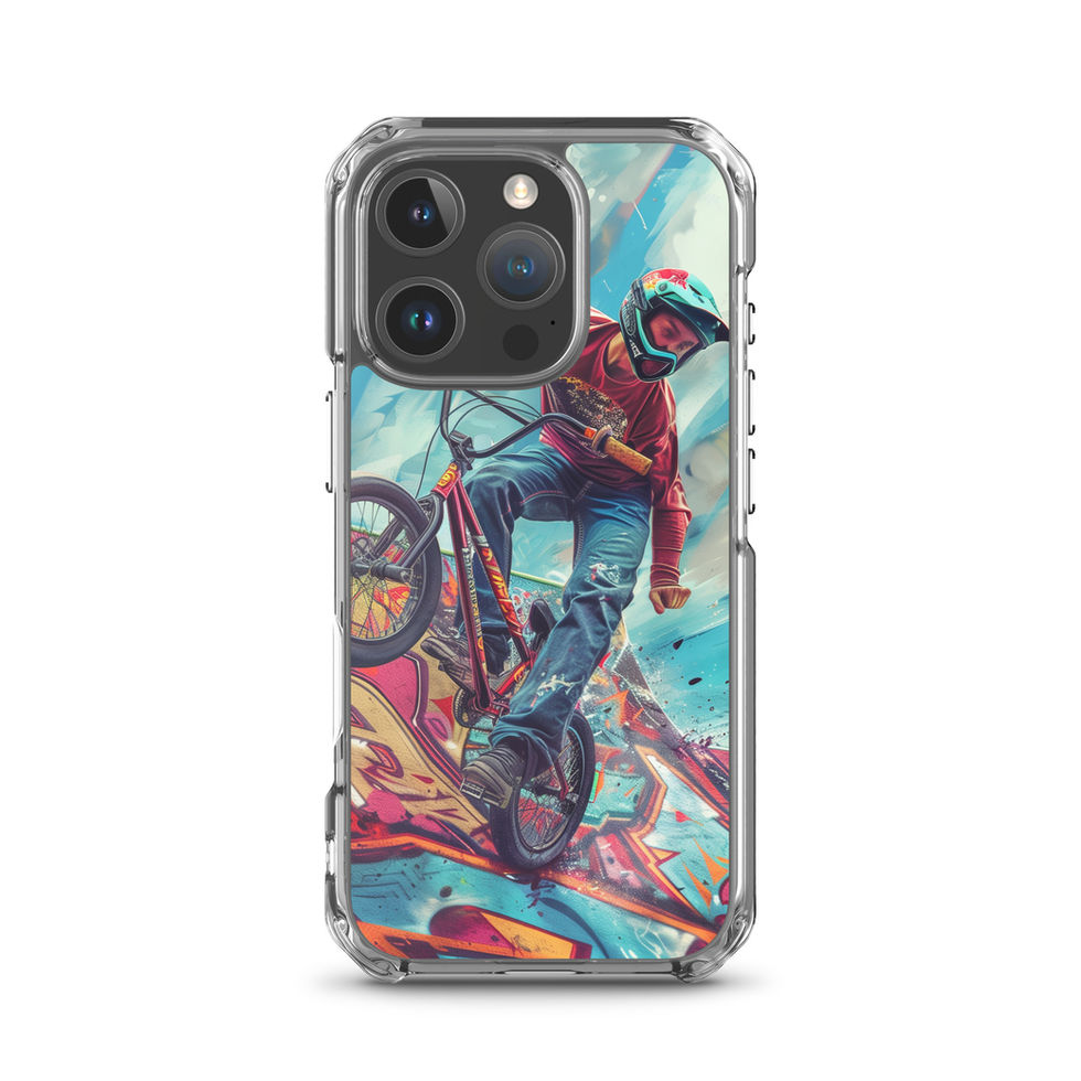 Ramp Rebel Clear case for iPhone 16 Pro, red-jacketed BMX rider and graffiti, phone beside case on white
