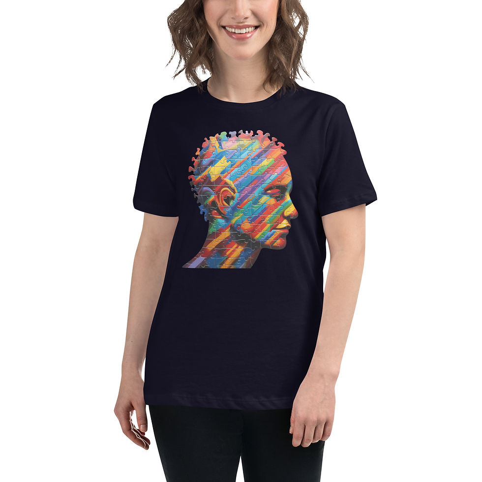 Kaleidoscope Mind: navy blue women's relaxed T-shirt with profile of colourful puzzle pieces, worn by model