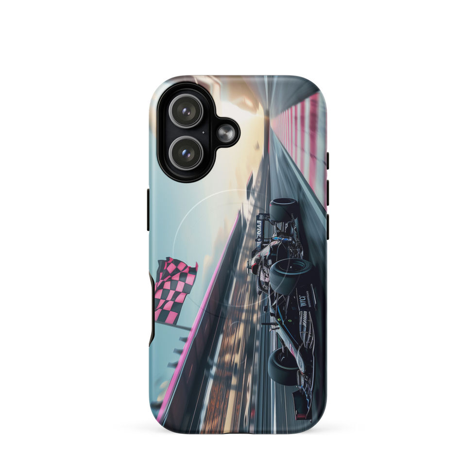 Blackout Champion MagSafe Tough case for iPhone 17, dark race car and pink flags, rear view on white