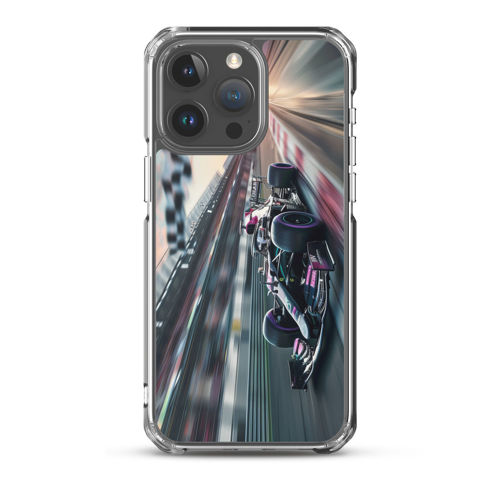 Midnight Velocity Clear case for iPhone 15 Pro Max, race car and night lights, phone and case on white