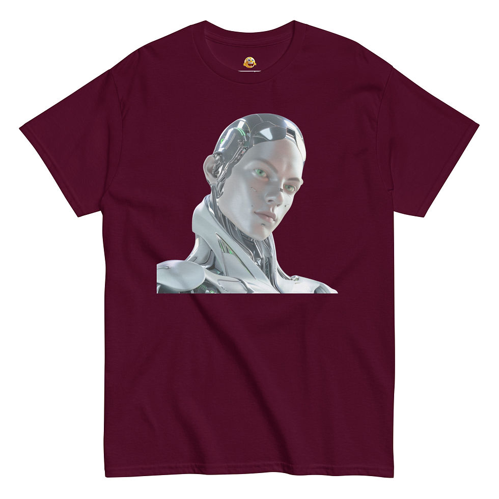 Neural Vanguard: maroon unisex classic T-shirt with silver humanoid with green accents