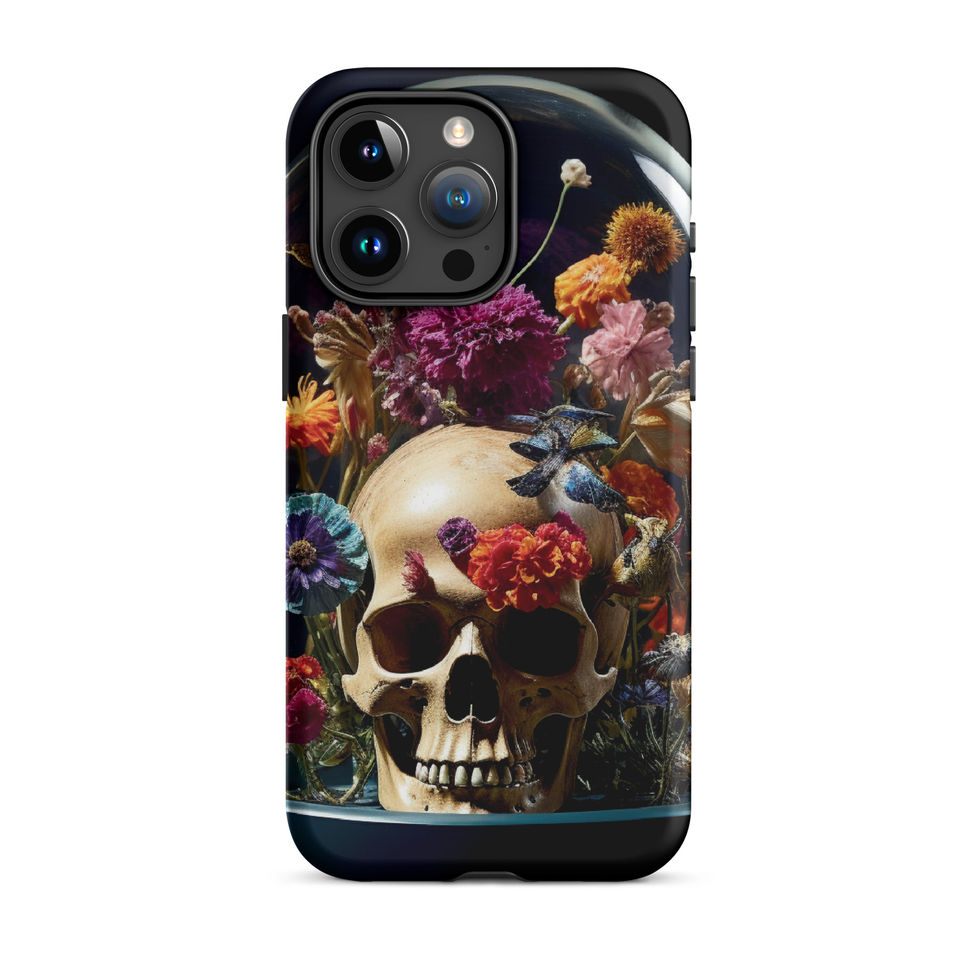 Bloom & Bones tough iPhone case showing dark greenery mixed with red petals