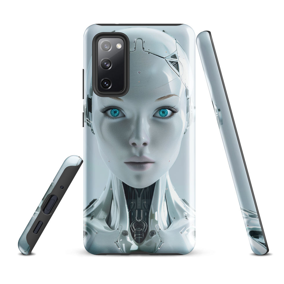 Protective Samsung tough case featuring a poised female robot portrait